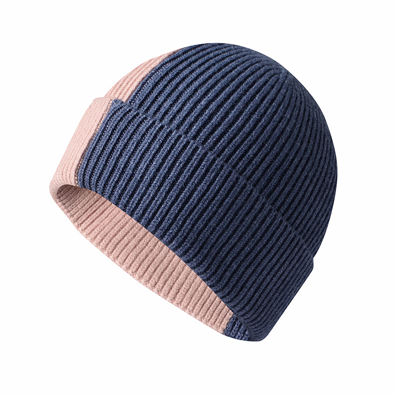 Autumn and Winter New Fashion Colorblock Knitted Hat Women's Leisure Travel Hat Simple Sleeve Cap Core-Spun Yarn Woolen Cap