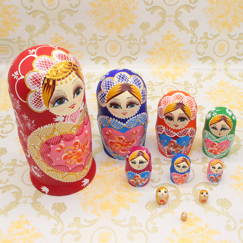 俄罗斯套娃粉桃心抖音礼物木质玩具工艺品批发俄罗斯10层套娃