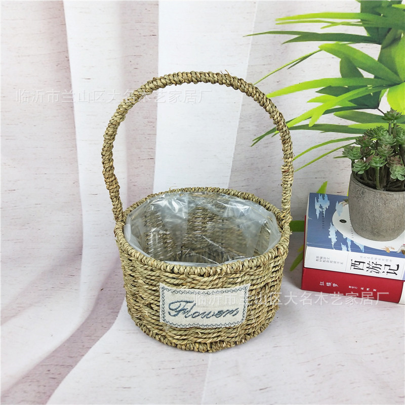 Factory Creative Willow Straw Woven Wall Hanging Flower Basket Iron Decoration Woven Flower Pot Flower Device Hand Woven Wall Hanging Decoration