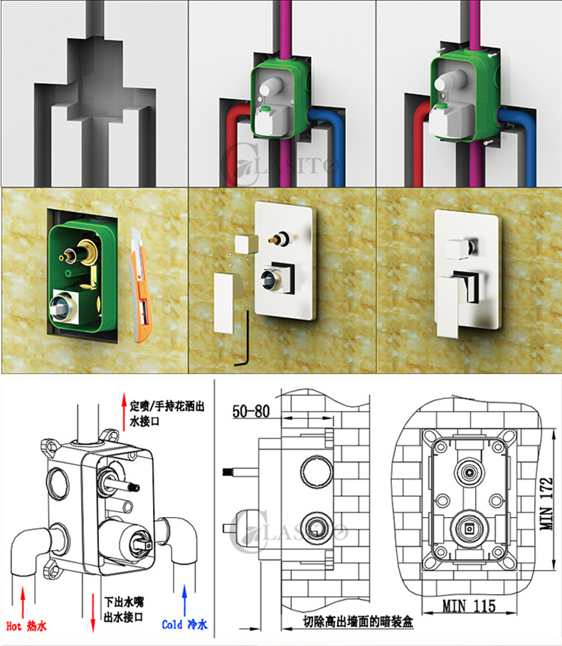 卡仕图全铜入墙花洒套装嵌入式隐藏式淋浴花洒暗装冷热预埋盒阀体