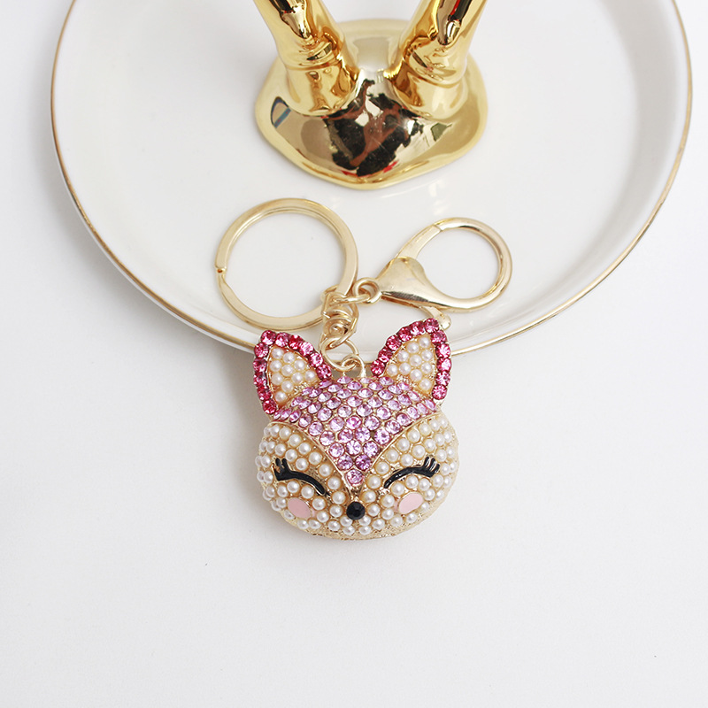 Supply Gift Pearl Fox Head Keychain Cute Creative Diamond-Embedded Ali Accessories Handbag Pendant Customized