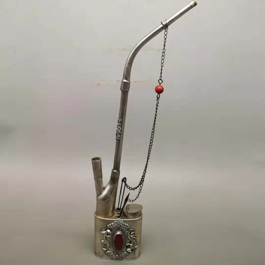 批发复古做旧古玩工艺品精美白铜水烟壶摆件铜器烟具水烟袋批发