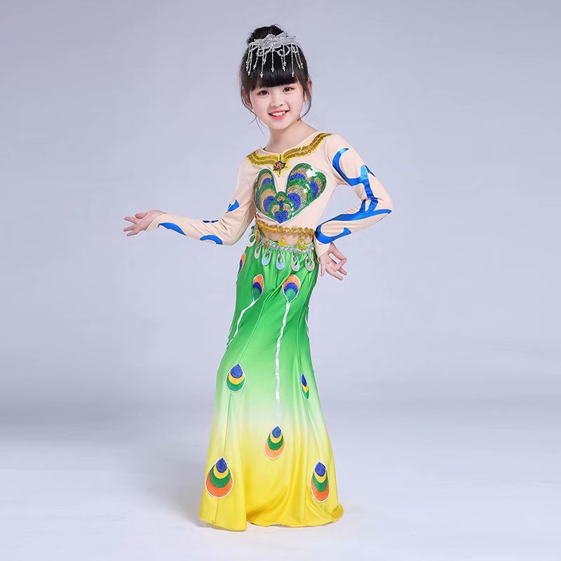 儿童孔雀舞演出服女傣族孔雀舞蹈服装鱼尾裙少数民族傣族服装