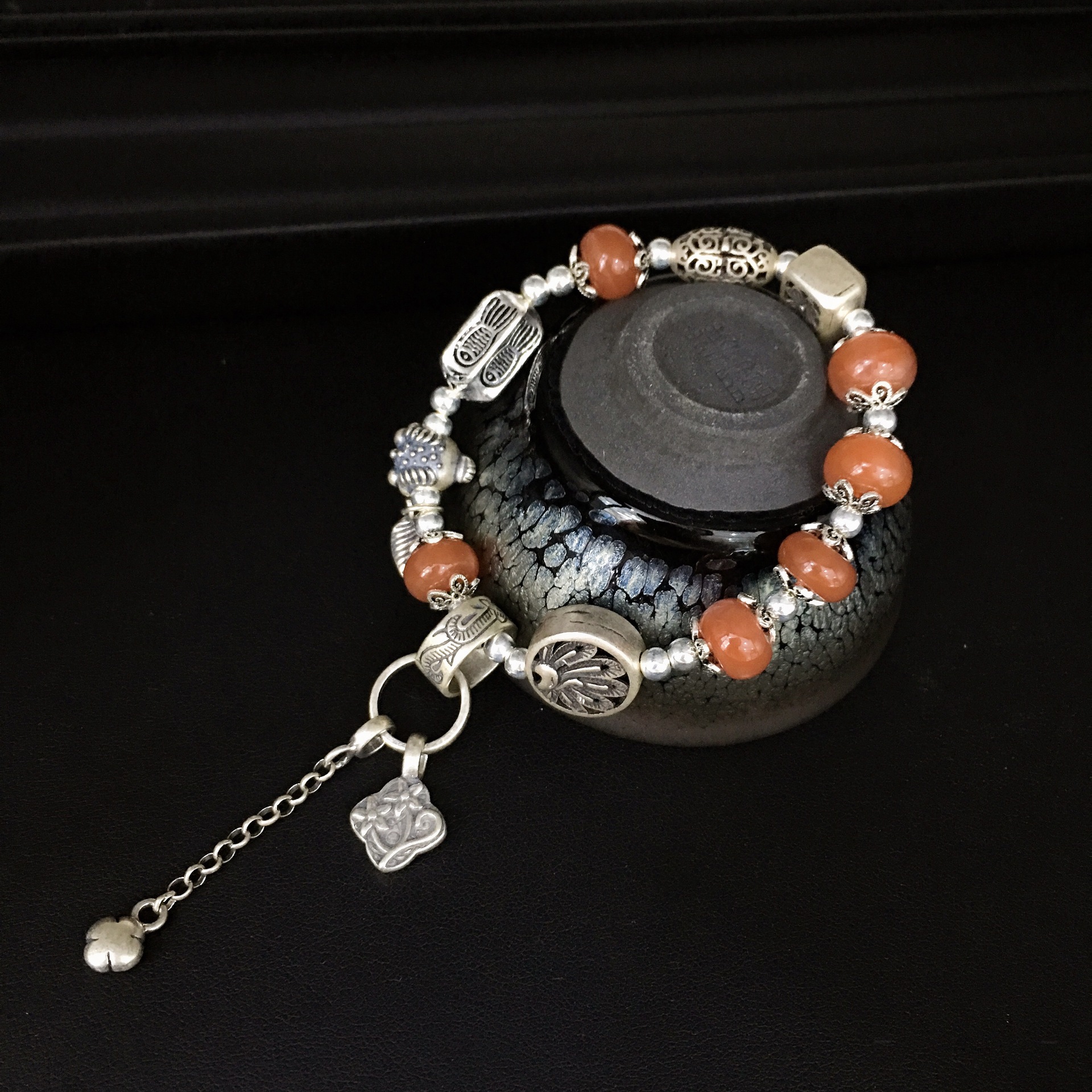 乾龙原创990纯银泰国清迈手工银手链diy金蟾南红手串泰银女款百搭