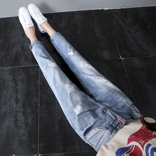 薄牛仔面料】实拍破洞牛仔裤女宽松九分小脚哈伦烂裤子夏装薄
