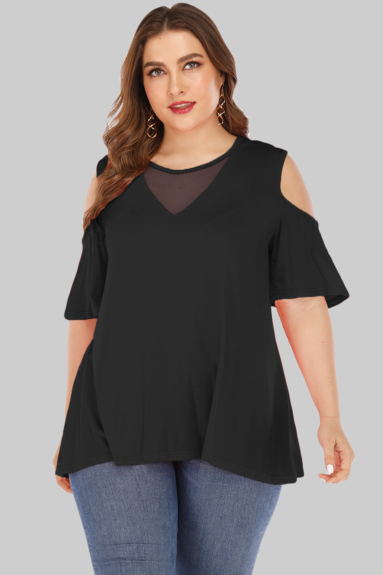 欧美大码女装宽松上衣亚马逊wish爆款露肩短袖t恤心机网纱t恤女