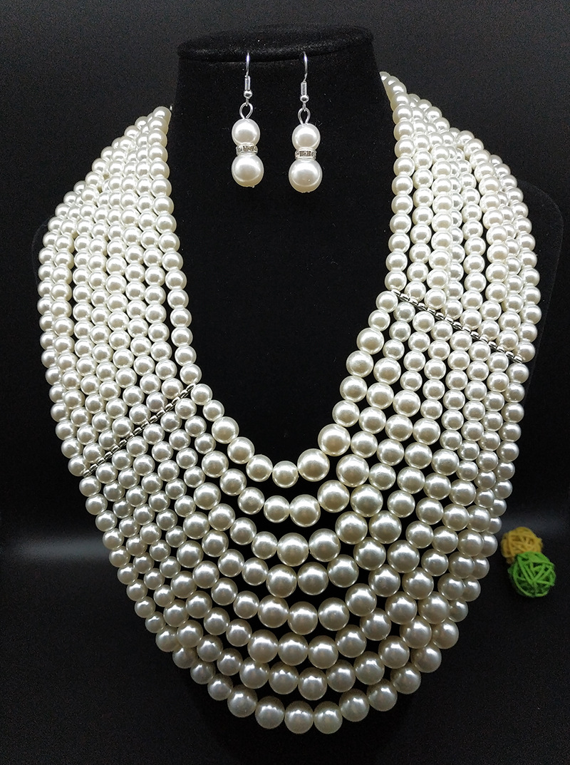 亚马逊爆款饰品创意多层珍珠串项链耳环套装跨境首饰源头工厂批发