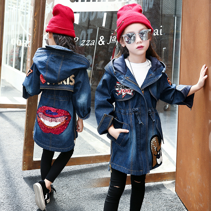Girls' Jean Jacket 2022 New Autumn Clothes for Children Medium and Large Children Fashionable Windbreaker Mid-Length Cardigan Top Fashion