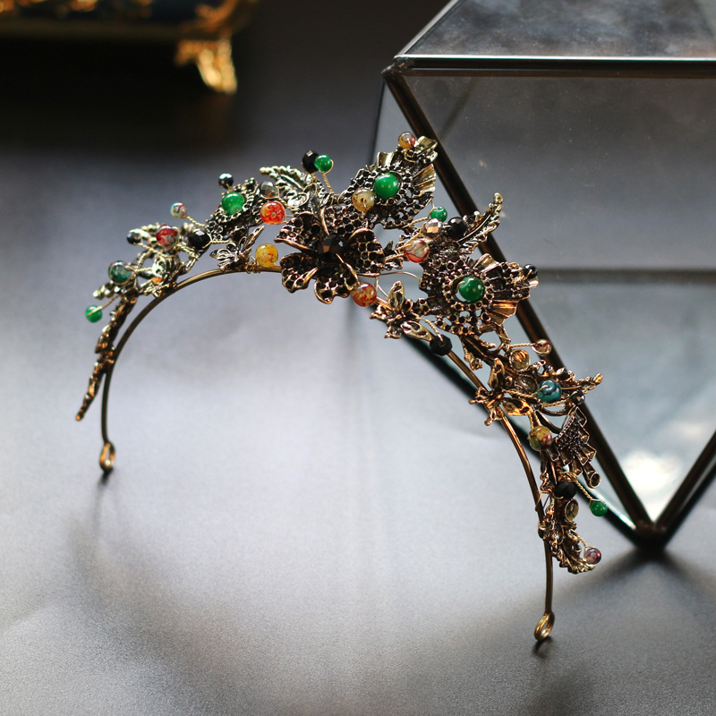 半圆皇冠复古色手工穿珠七彩新娘头饰巴洛克欧式女王成人女生日冠