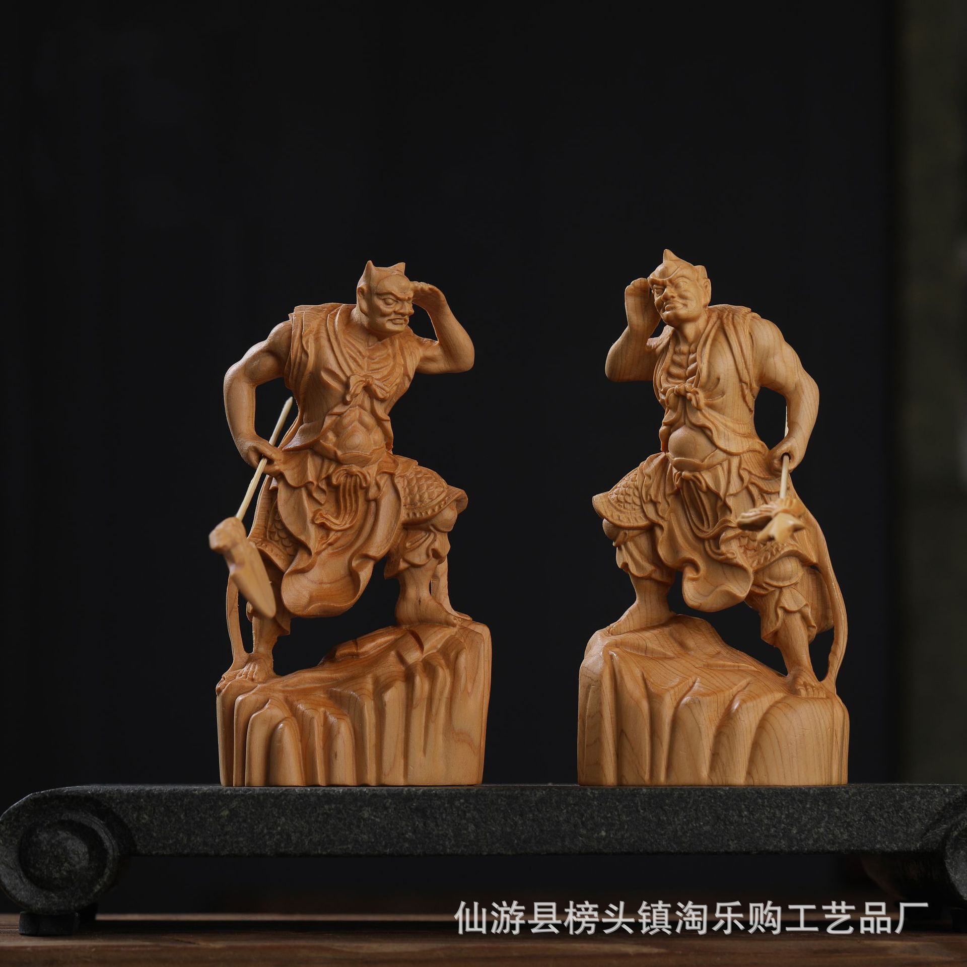 淘乐购黄杨木雕千里眼顺风耳将军左右护法神像风水摆件文玩工艺品