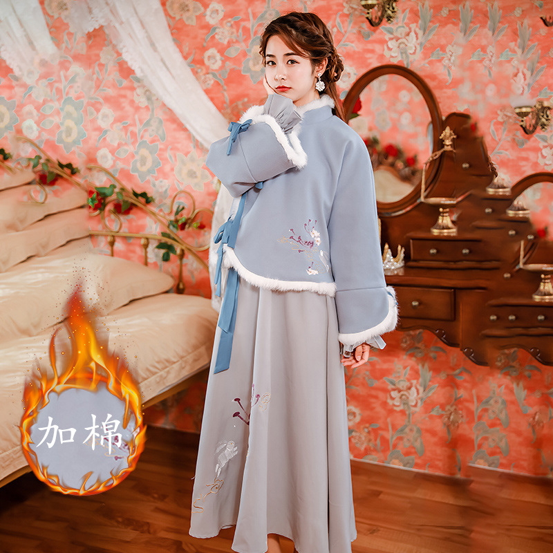 2019古装汉服女复古民国风改良中国风汉元素古风秋冬毛呢夹棉套装