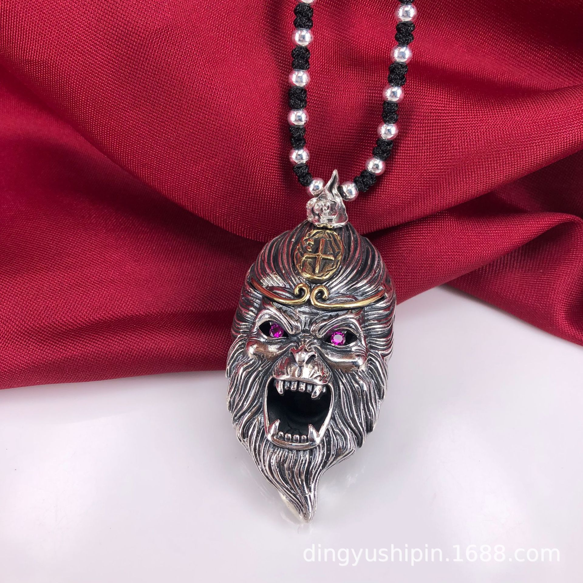 s925纯银吊坠佛魔两面孙悟空双面佛斗战胜佛项坠善恶一念成魔男士