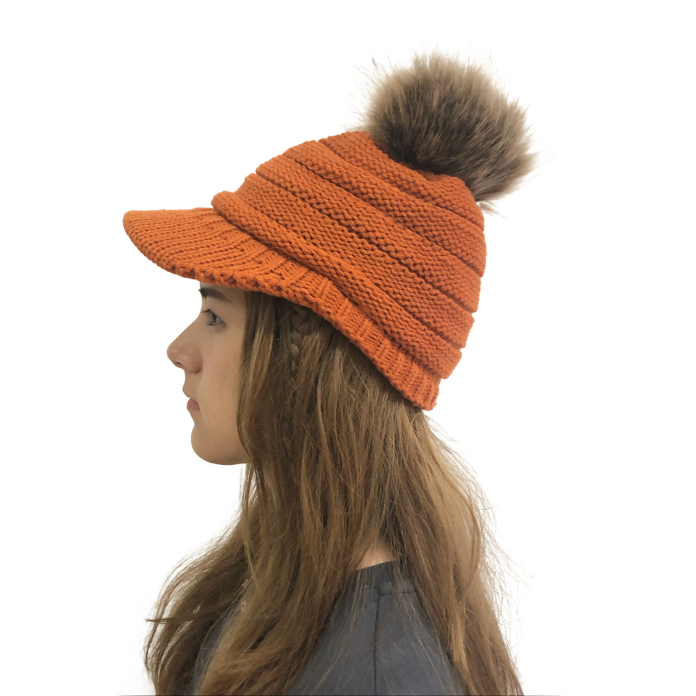 2019速卖通欧美不带cc标毛球毛线帽子秋冬帽沿针织帽户外帽檐帽子