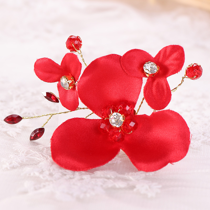 一 红色头花水晶发夹婚庆头饰源头生产厂家 2019新款婚礼头饰边夹