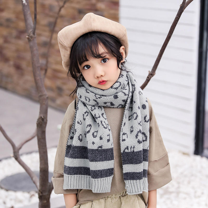新款儿童针织围巾韩版秋冬仿羊绒豹纹提花男女童围巾两用双面保暖