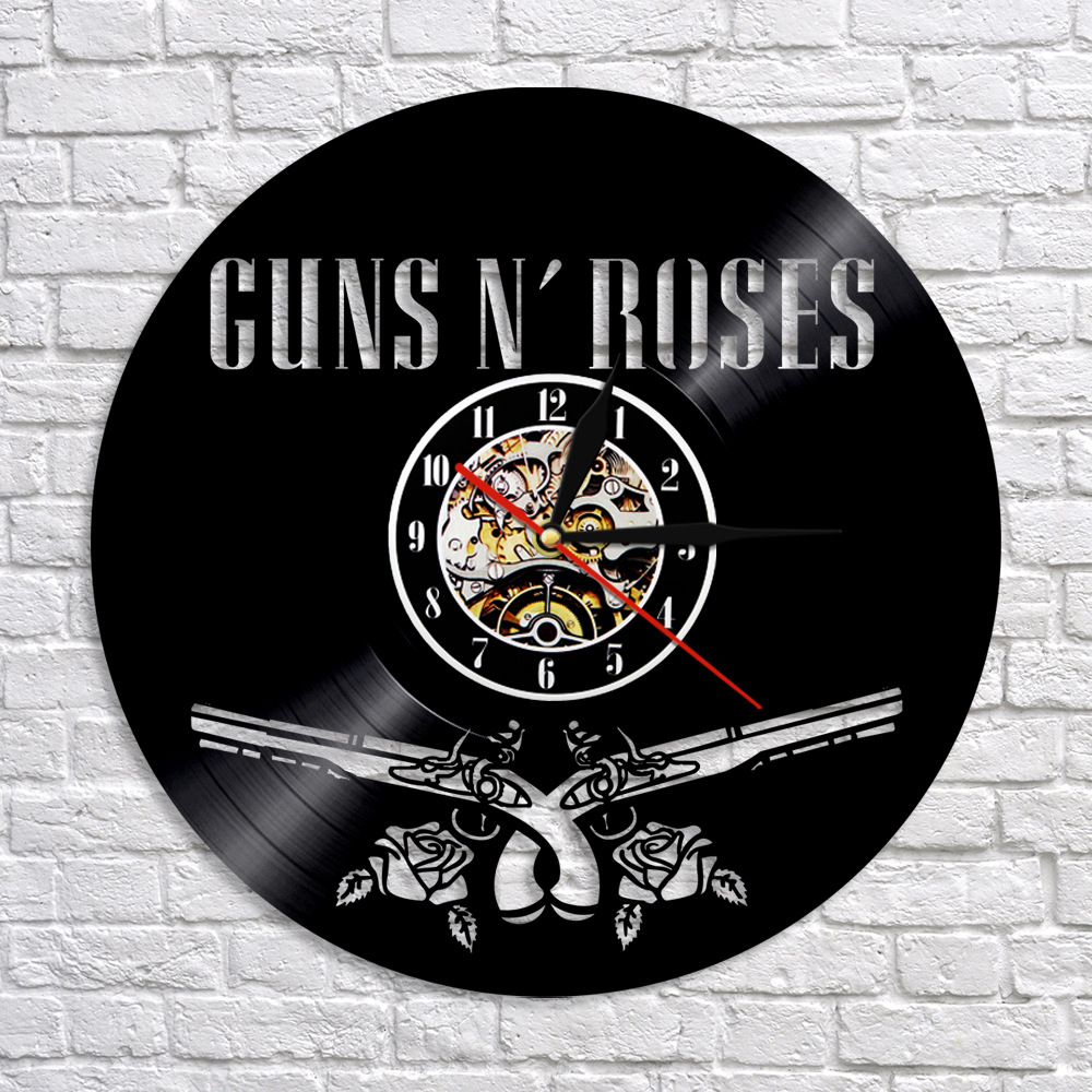 经典黑胶时钟gun n roses枪炮与玫瑰乐队唱片挂钟复古怀旧家居钟