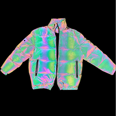 厂家直销 跨境新款 幻彩色反光连帽夹克大码休闲运动七彩夜光外套