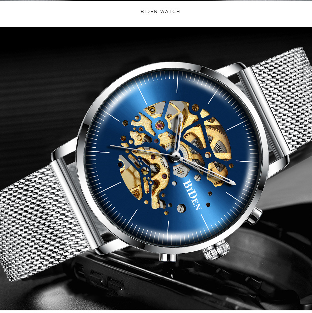 一件代发biden拜登时尚三针曲面屏镂空男士机械表watch网带男腕表