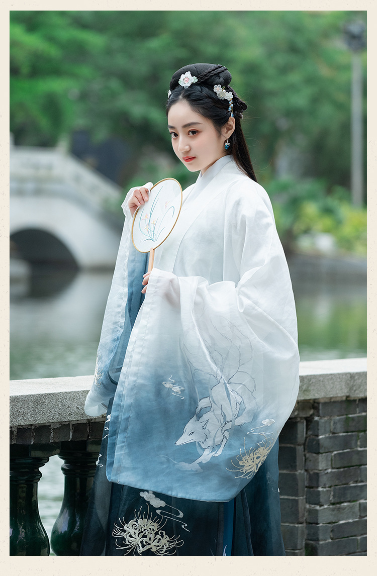 九尾狐青墨色魏晋大袖衫汉服男女同款超仙抖音爆款重工刺绣竹青色