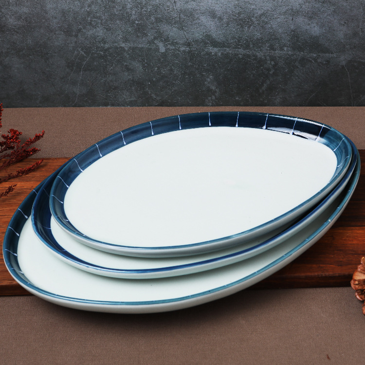 三分烧陶瓷蒸鱼盘炒菜盘子蛋形陶瓷盘子凉菜盘釉下彩盘大小号批发