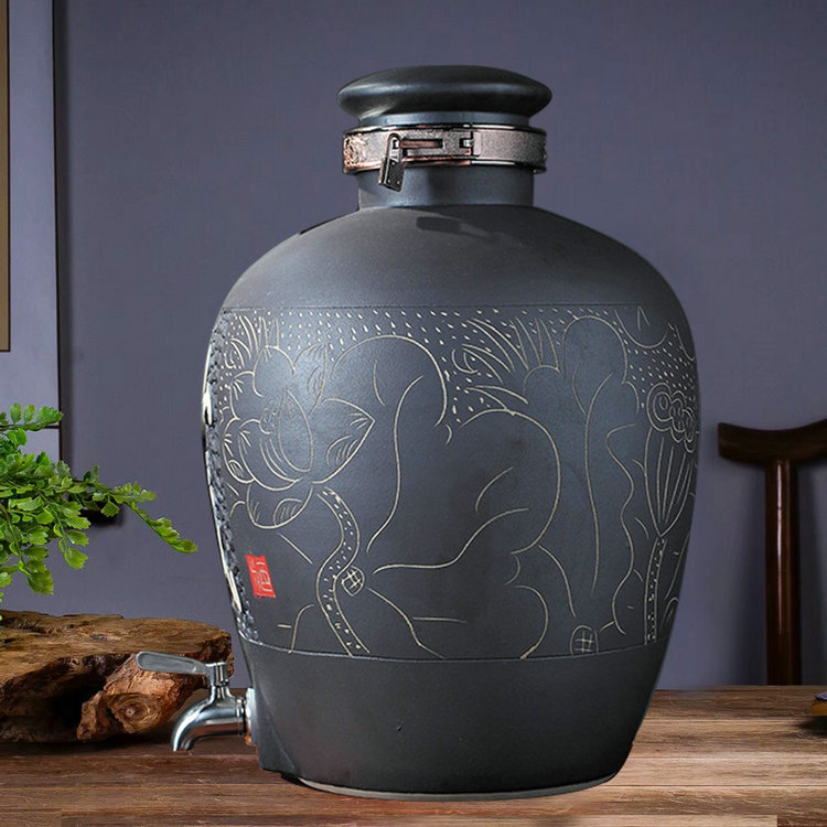 景德镇50斤100斤雕刻荷花陶瓷酒坛黑色私藏存酒陶瓷罐密封酒瓶