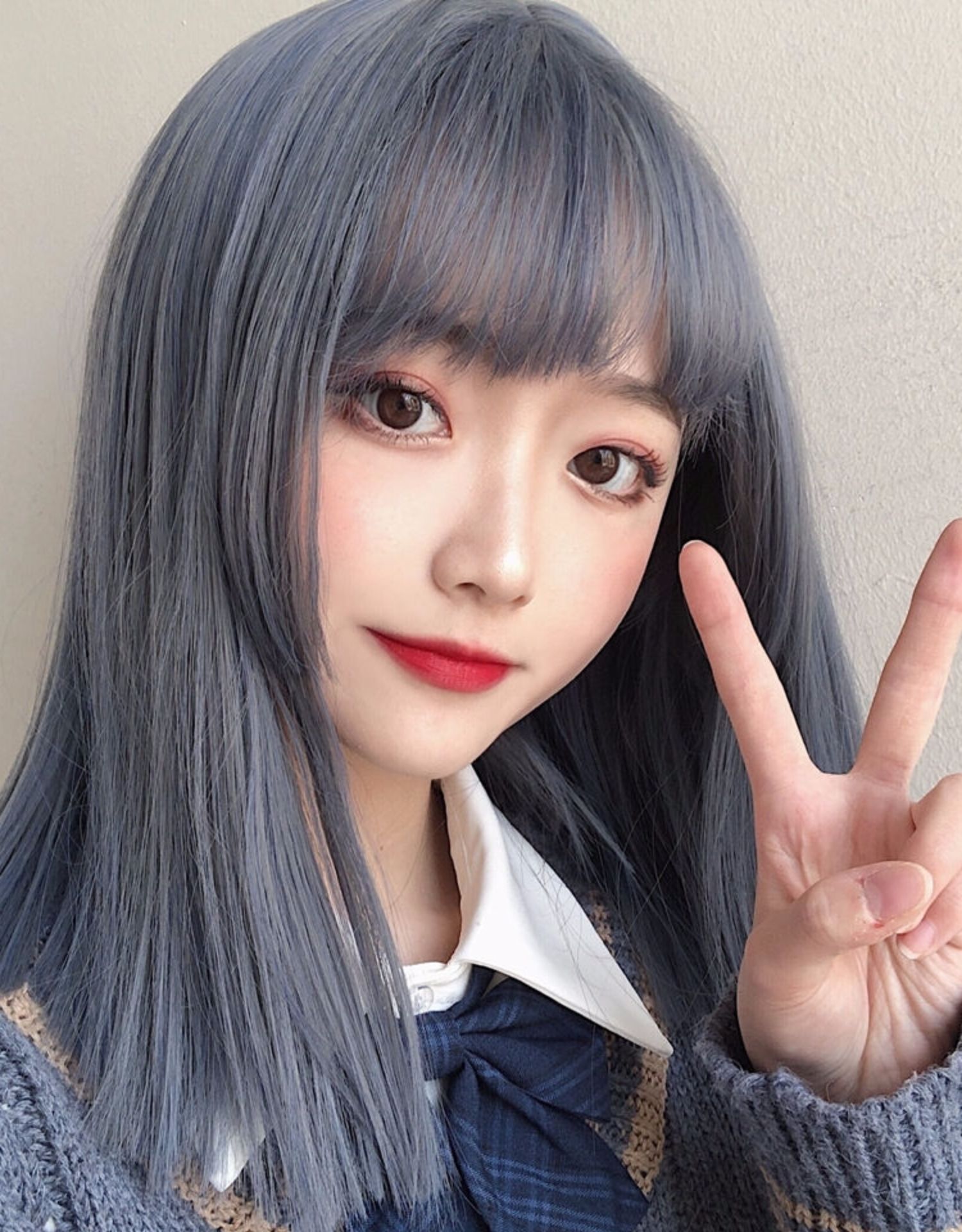 原宿蓝灰色长发女生假发时尚空气刘海中长发韩版假头发套厂家批发