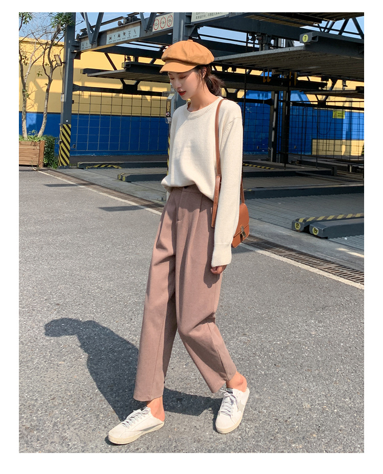 2019女宽松秋冬毛呢裤子女高腰阔腿直筒九分大码老爹裤潮