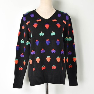2019新款撞色手勾水果图案樱桃草莓v领针织衫毛衣套头女士z80107