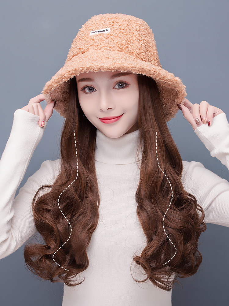 羊羔毛渔夫帽假发帽子一体女秋冬款仿真可拆卸长卷发baby热巴同款