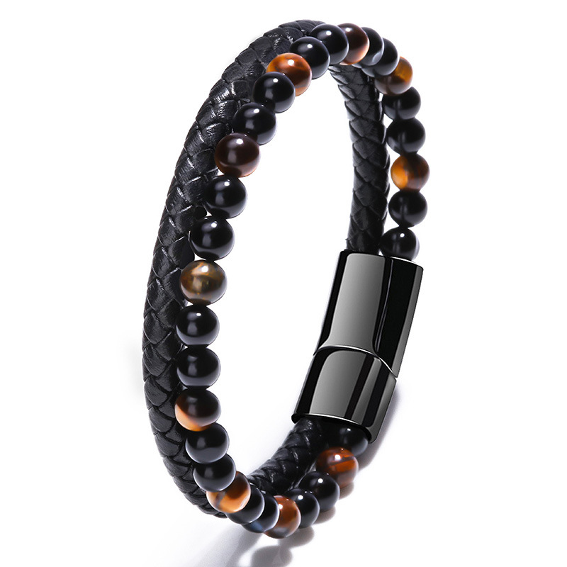 Cross-Border Volcano Tiger Eye Beaded Natural Stone Bracelet Men's Cowhide String Agate Bracelets European and American Hand Jewelry