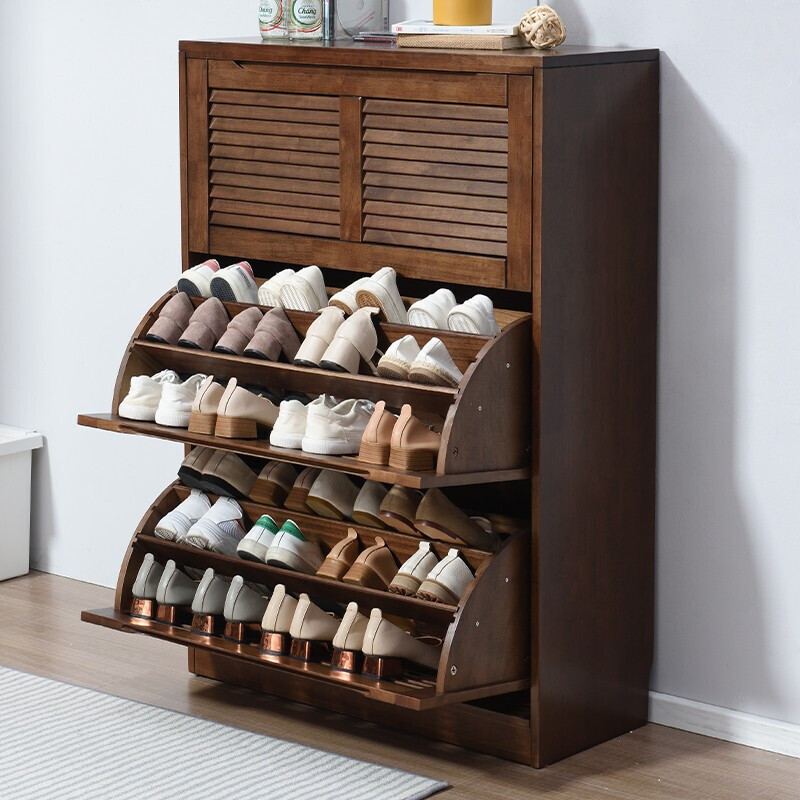 家逸实木鞋柜大容量翻门玄关柜北欧百叶门多层鞋架柜