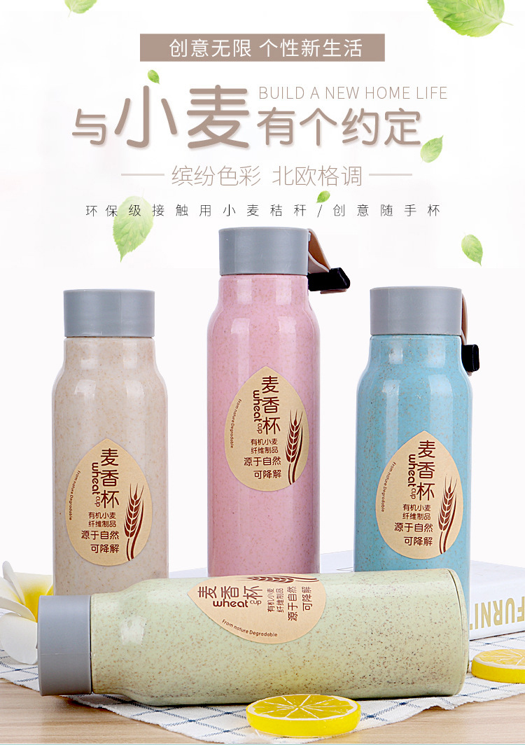创意麦香杯塑壳小麦秸秆水杯双层隔热玻璃杯便携随手杯广告礼品杯