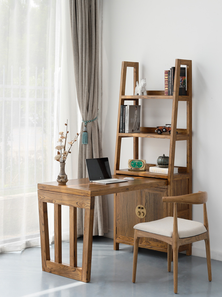 老榆木可伸缩书桌书架组合简约现代实木办公桌书房电脑桌写字台