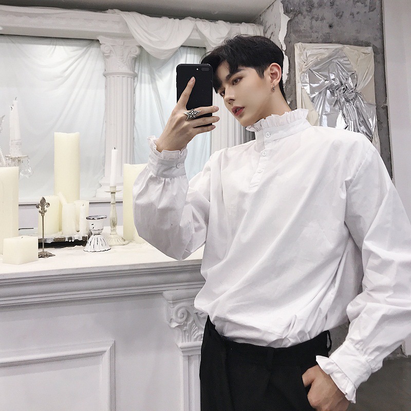 宫廷木耳花边立领灯笼袖衬衫男荷叶边宽松长袖衬衣套头上衣两面穿