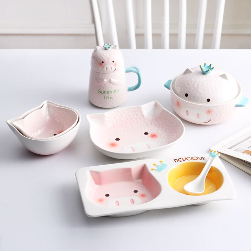 New Year of Pig Creative Cute Ceramic Tableware Beautiful Children Compartment Tray Baby Rice Bowl Drinking Cup with Lid Noodle Bowl