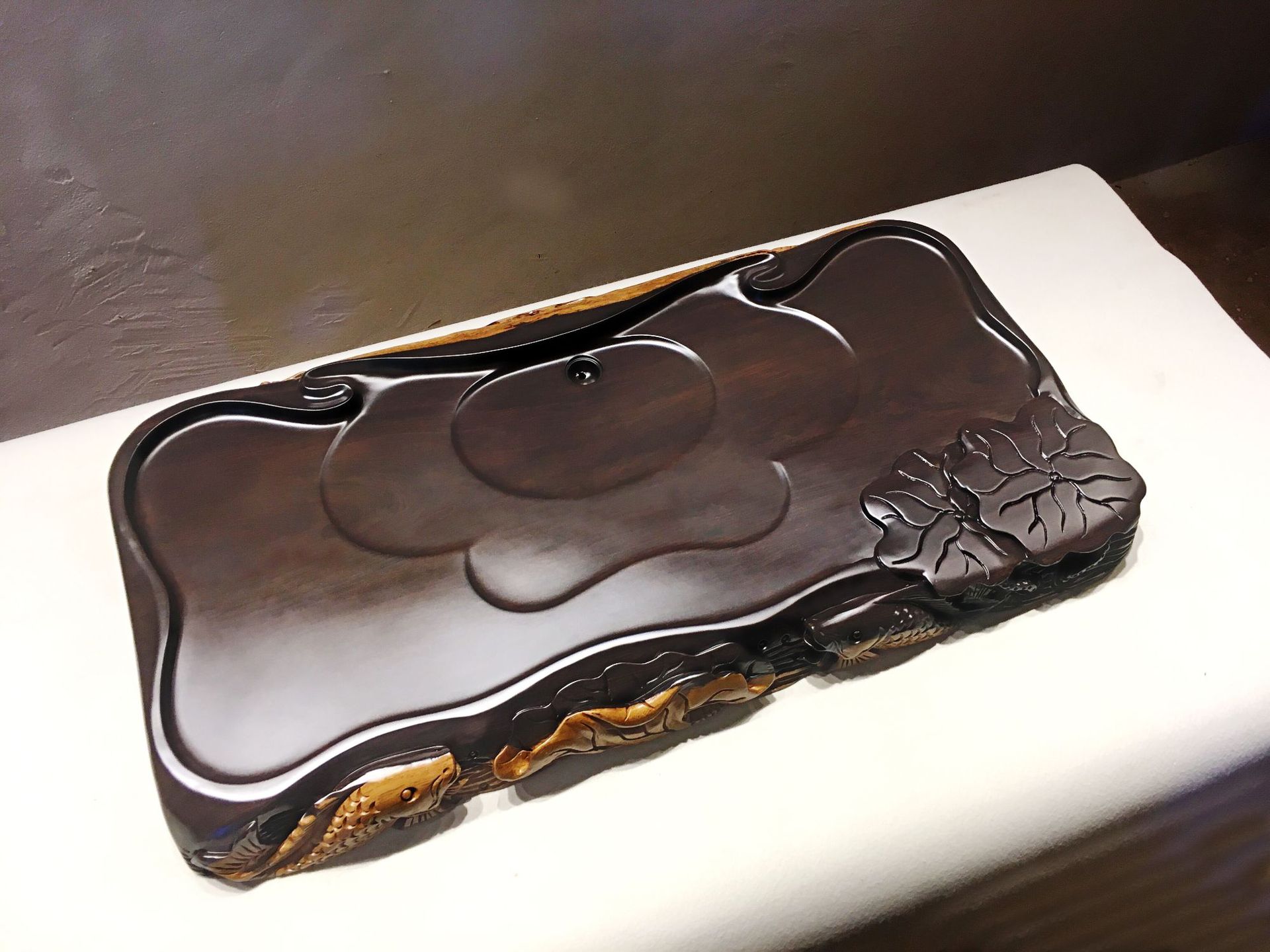 黑檀木茶盘茶台 实木整块茶具 纯手工边雕刻 功夫茶盘 荷叶鱼