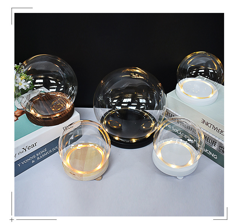 永生花圆球手办手模防尘罩发光底座小夜灯 水晶球玻璃罩