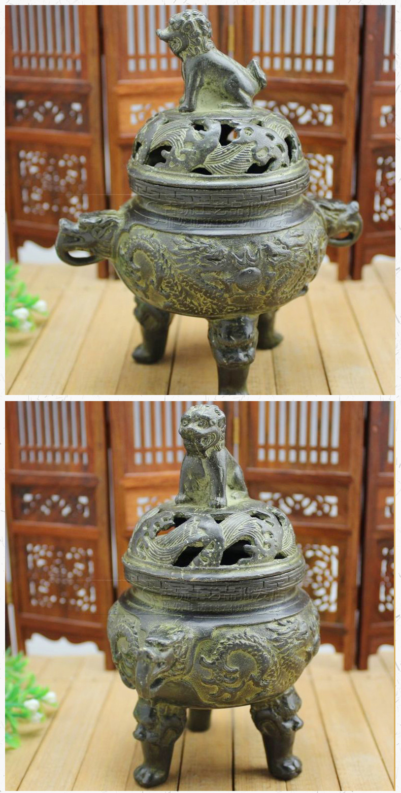 铜狮子三足香炉复古做旧铜器工艺品摆件 古玩熏香炉家居装饰品