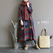 1968喜墨女装冬季新款加绒加厚棉衣复古民族风宽松女连衣裙