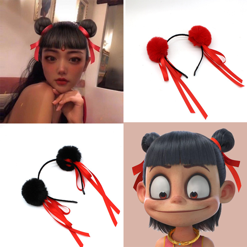 网红爆款哪吒之魔童降世哪吒同款丸子头毛球发箍超萌可爱发带直销