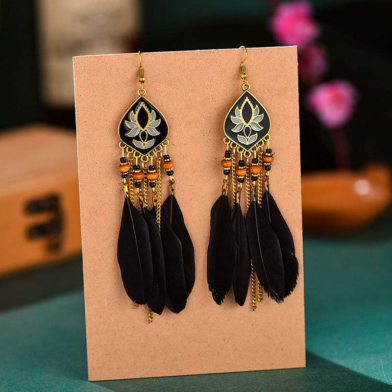 Vintage Long Black Feather Earrings Bohemian Bead Rhombus Tassel Earrings Female Ethnic Exotic Earrings