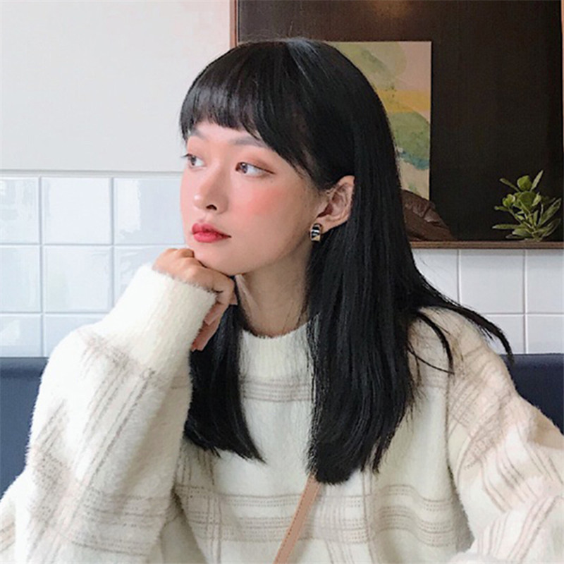 假发女中长发空气刘海齐肩锁骨发中长直发内扣气质修脸化纤全头套