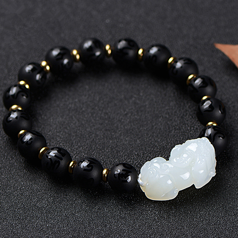 厂家直销天然新疆和田玉貔貅手链女款六字箴言玉石手串送证书批发