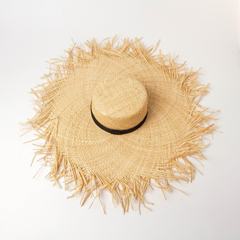 欧美春夏新款织带装饰毛边平顶大檐拉菲草帽遮阳度假大沿拉菲草帽