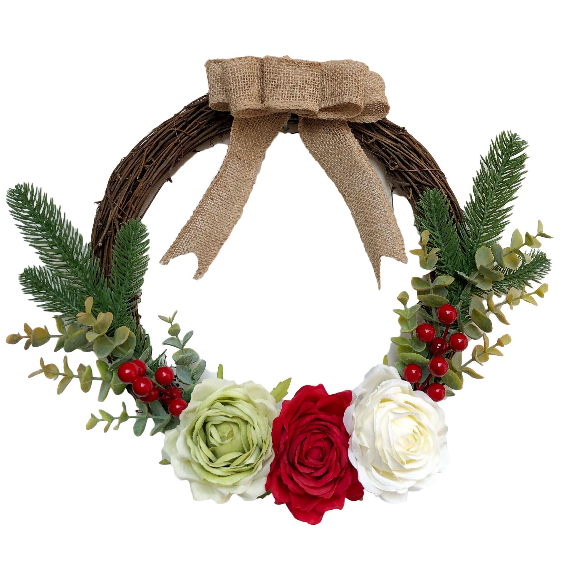 跨境热卖 藤圈圣诞花环30cm 尤加利玫瑰家居 商场橱窗装饰品ins风