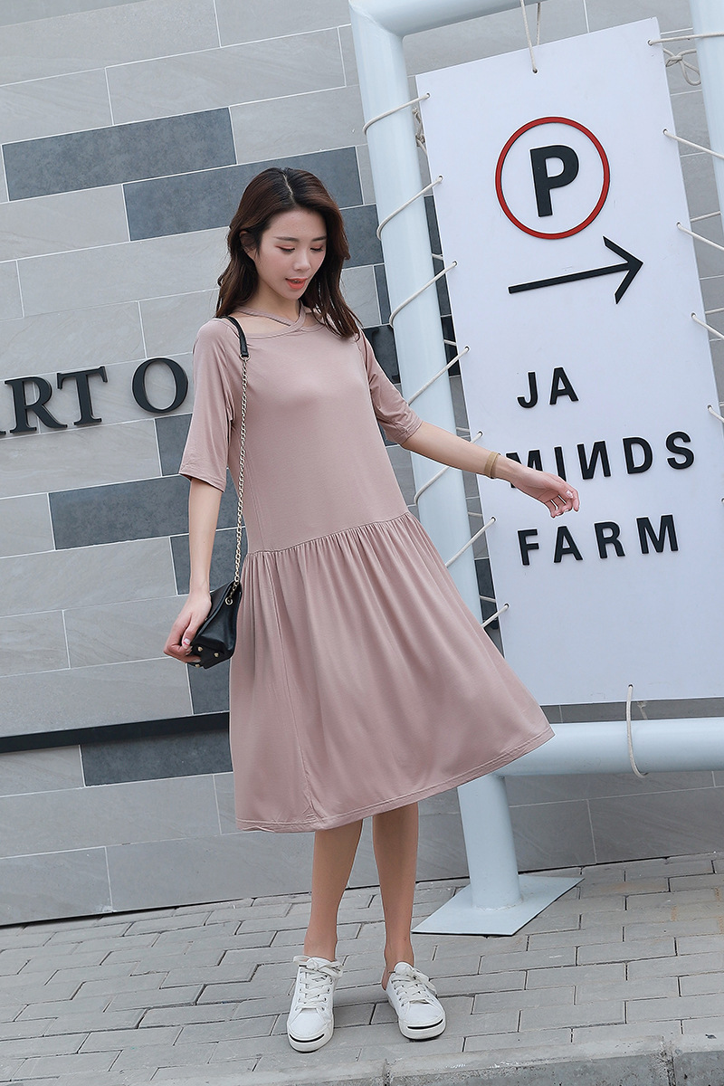 春夏季新款领口交叉细带纯色连衣裙胖mm连衣裙宽松大码连衣裙