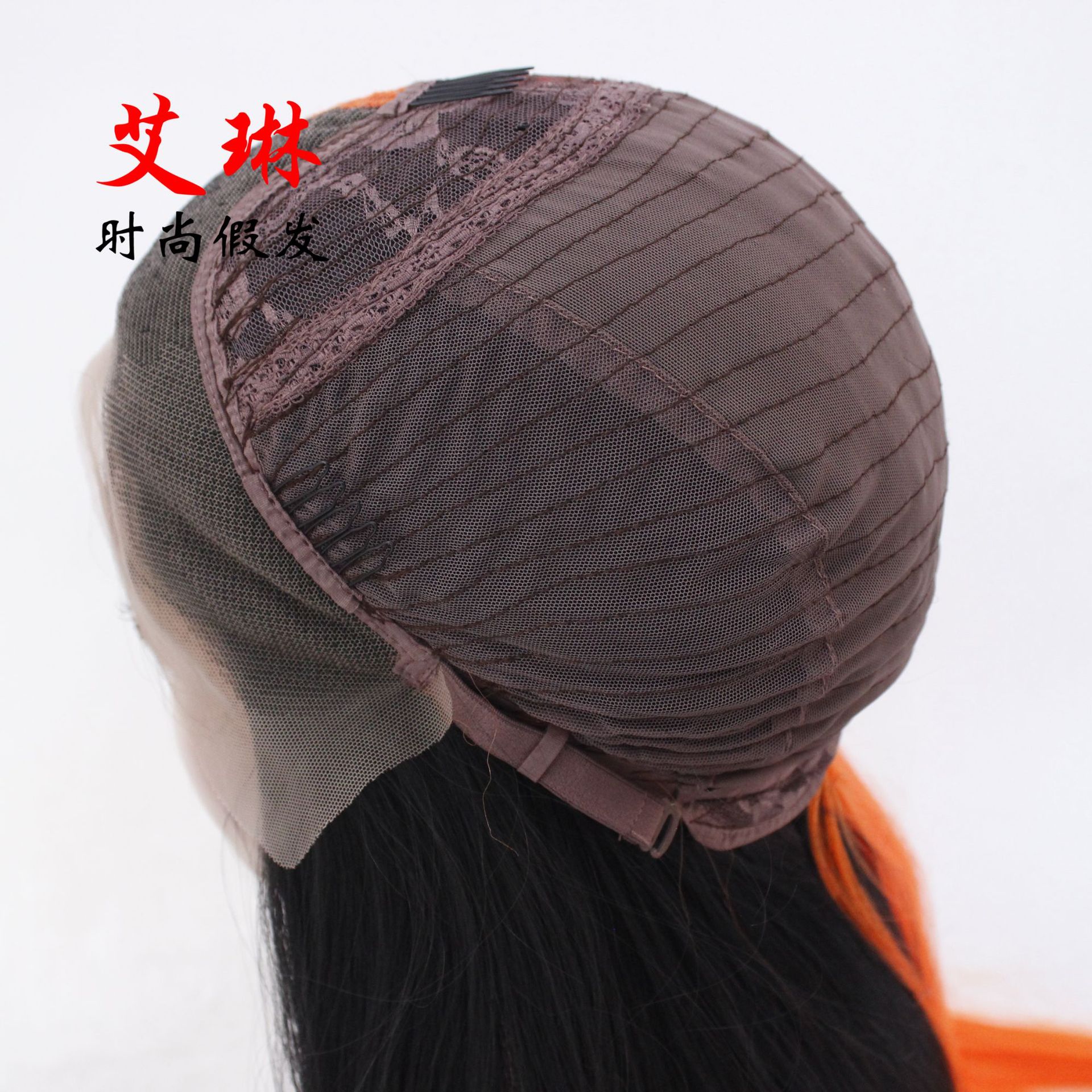 亚马逊速卖通电商欧美假发 黑色橘色双拼半手钩化纤长发头套批发