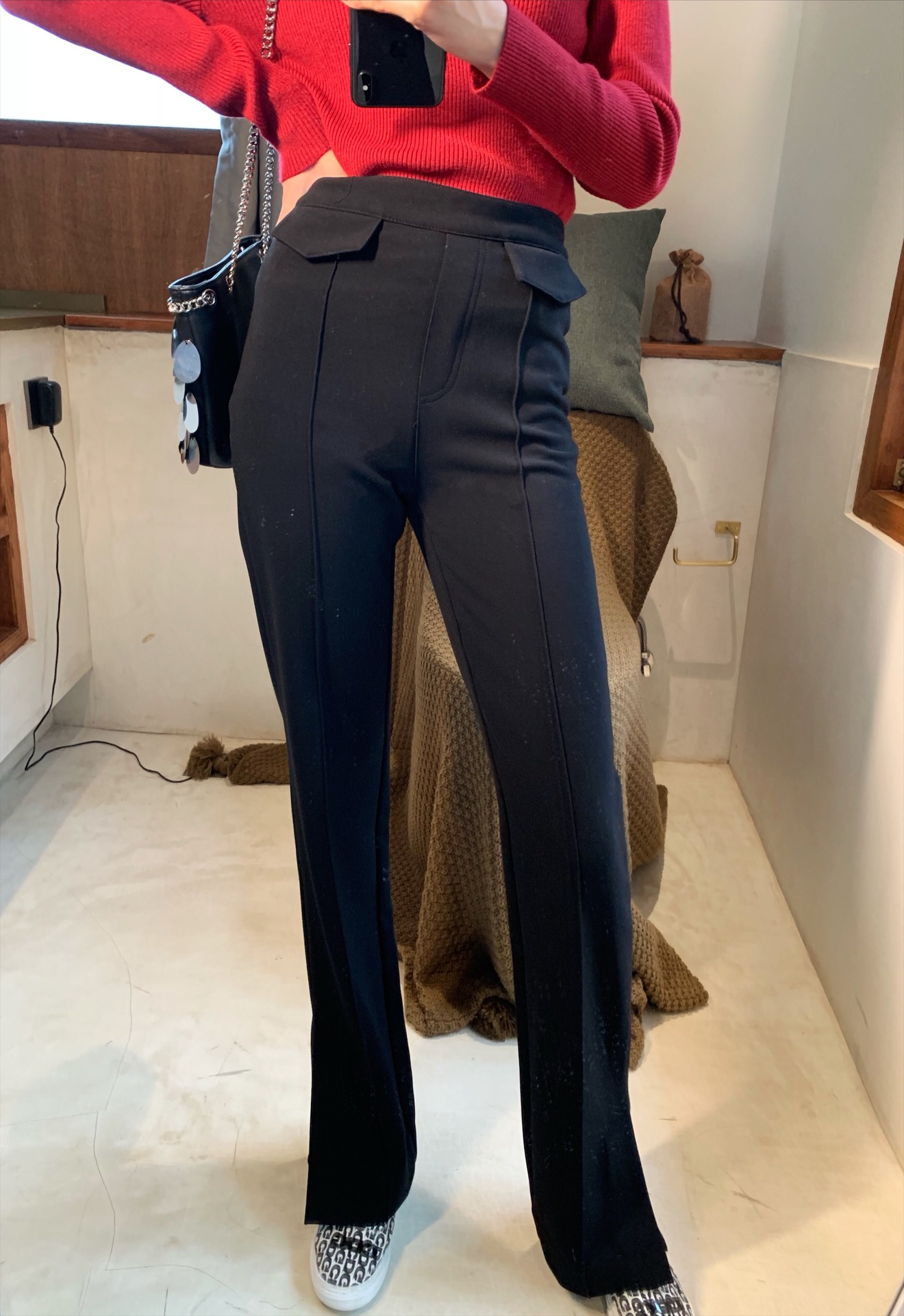 春秋微喇叭裤女高腰休闲黑色宽松显瘦开叉垂感直筒西装阔腿裤女