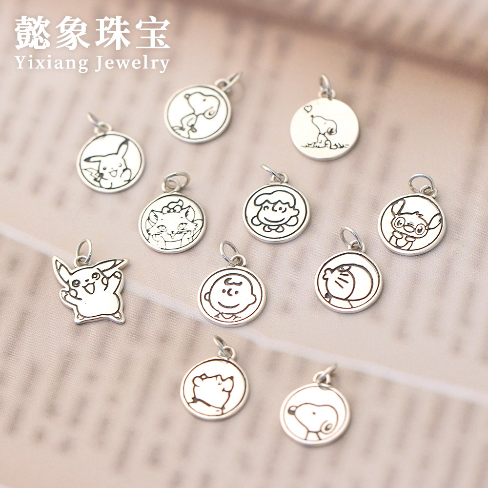 s925银卡通动画头像圆牌吊坠机器猫皮卡丘史努bi可爱情侣配饰