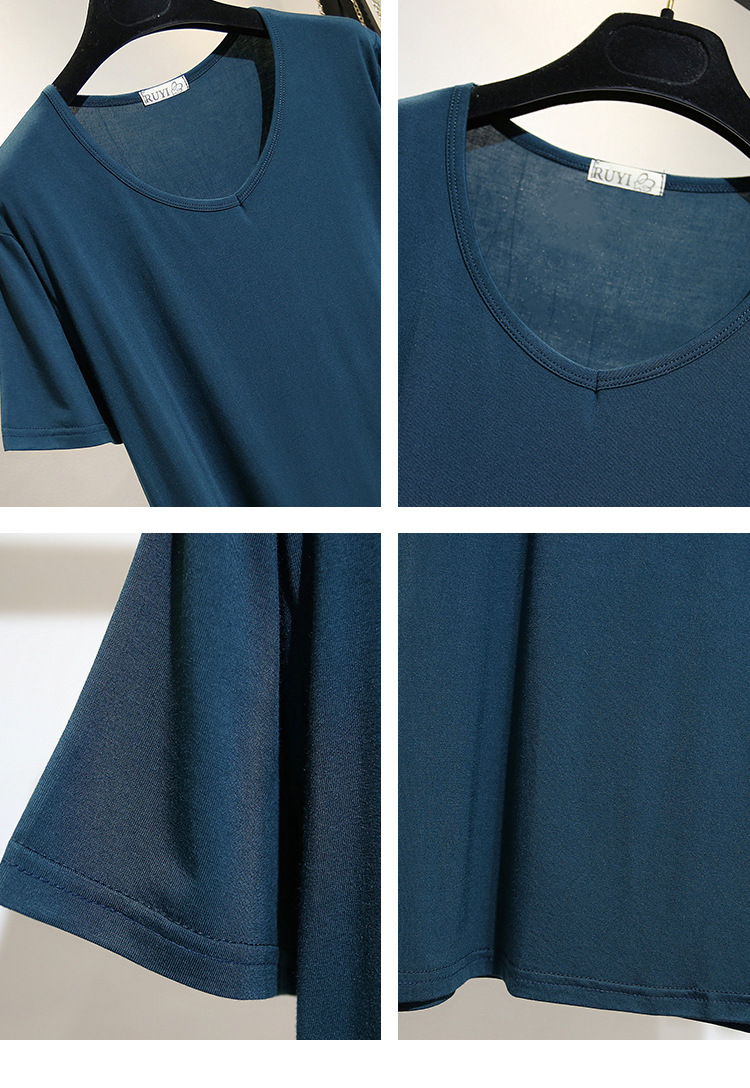 莫代尔短袖t恤女夏季v领修身打底衫体恤韩版百搭宽松显瘦大码上衣